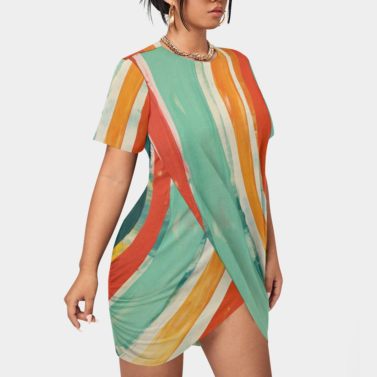 All-Over Print Women’s Stacked Hem Dress With Short Sleeve（Plus Size）