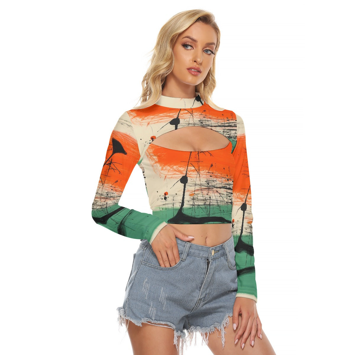 All-Over Print Women's Hollow Chest Keyhole Tight Crop Top