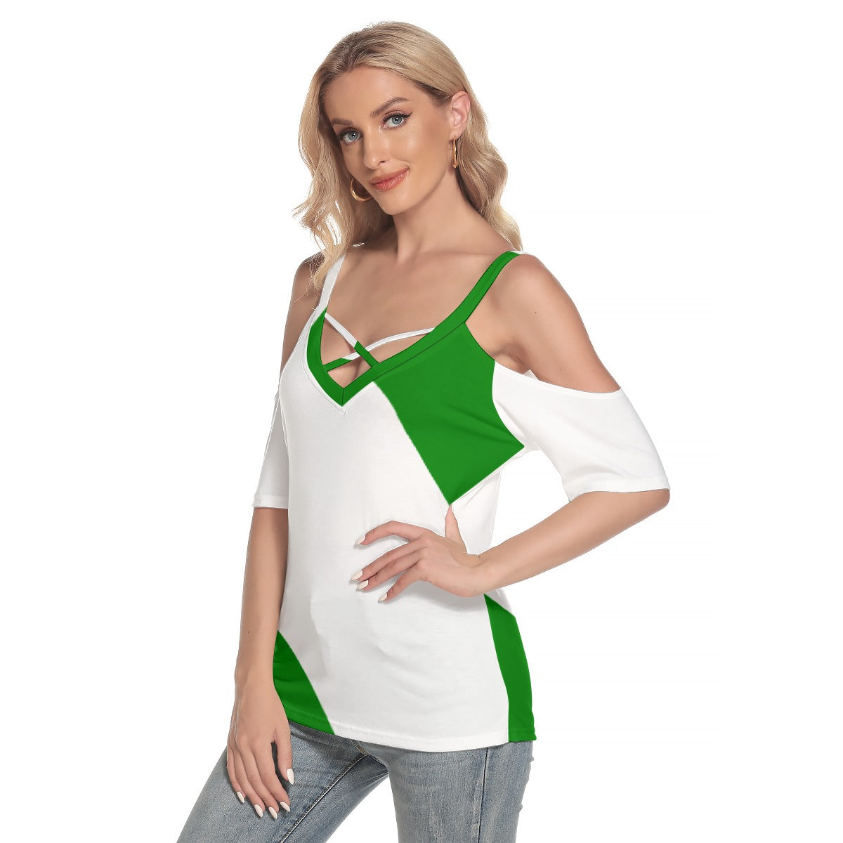 All-Over Print Women's Cold Shoulder T-shirt With Criss Cross Strips