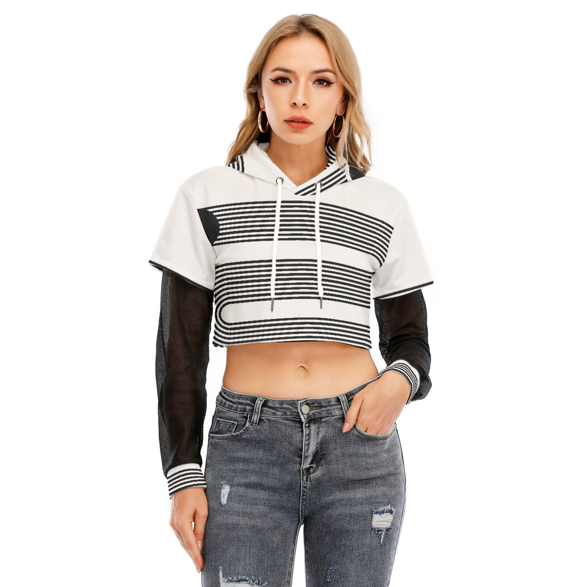 All-Over Print Women's Fake Two-piece Mesh Sleeve Cropped Hoodie
