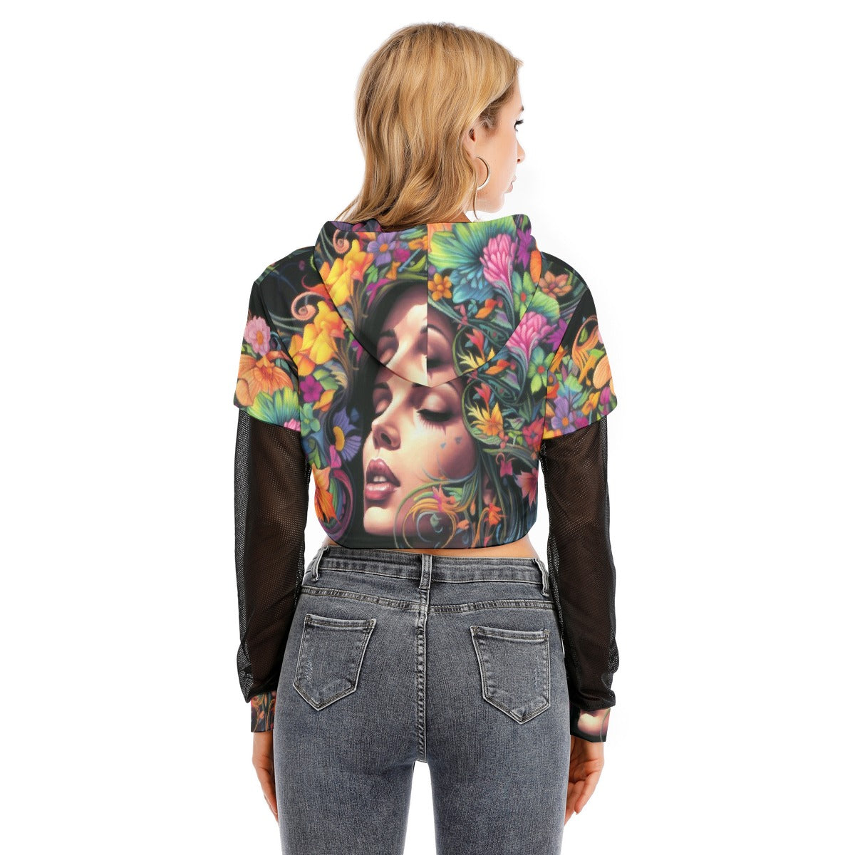 All-Over Print Women's Fake Two-piece Mesh Sleeve Cropped Hoodie