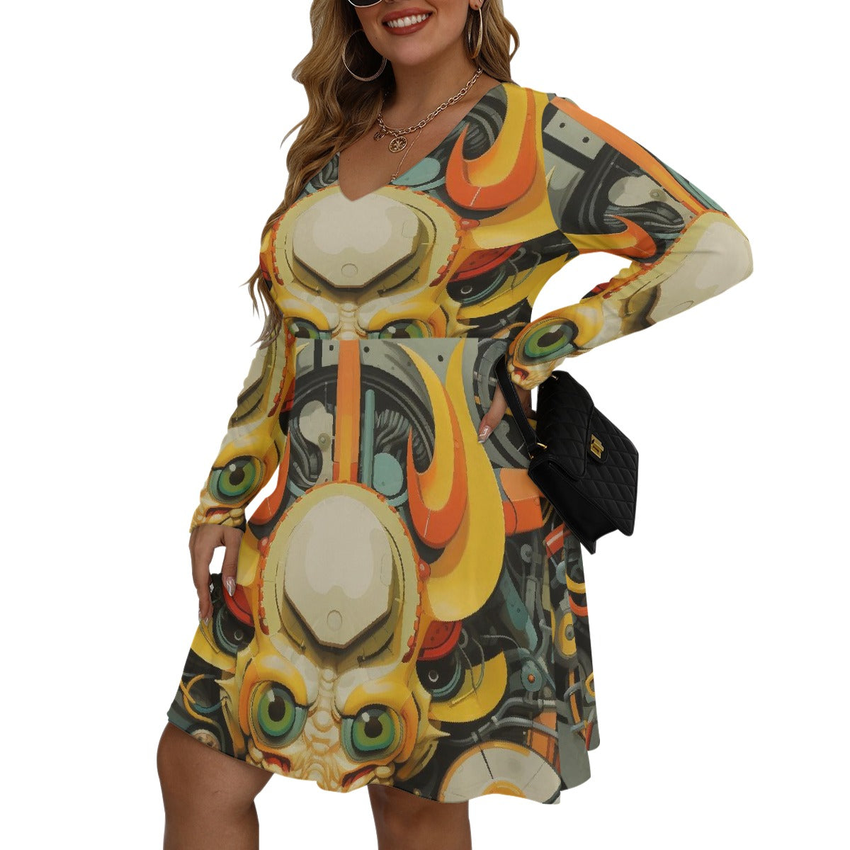 All-Over Print Women's V-neck Long Sleeve Dress(Plus Size)