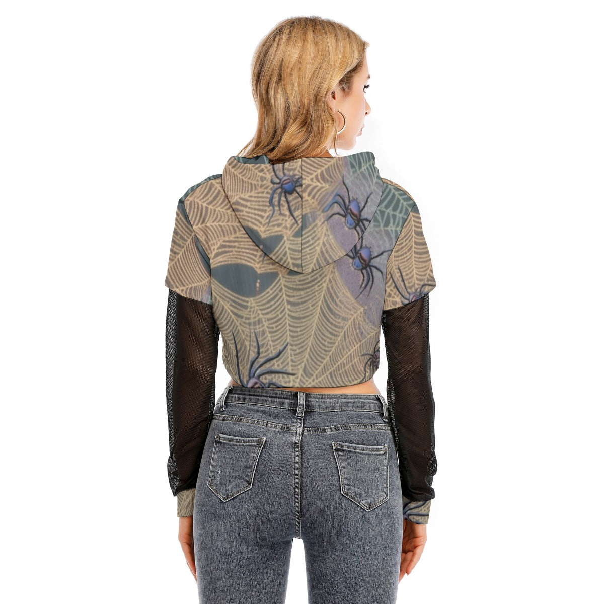 All-Over Print Women's Fake Two-piece Mesh Sleeve Cropped Hoodie