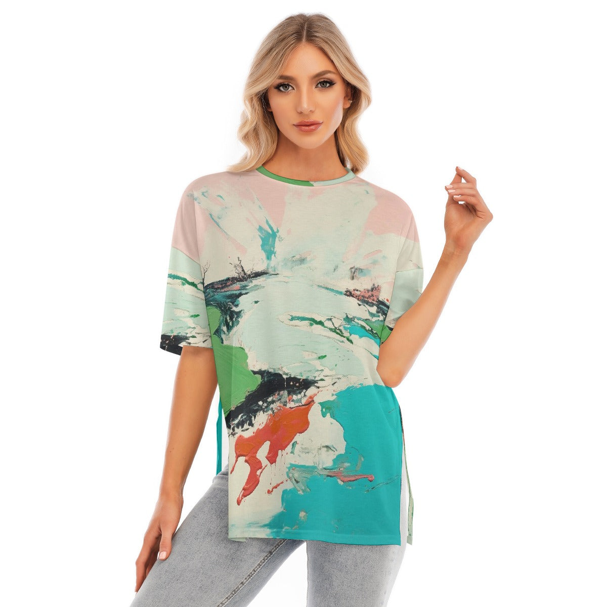 All-Over Print Women's Short Sleeves T-shirt With Hem Split