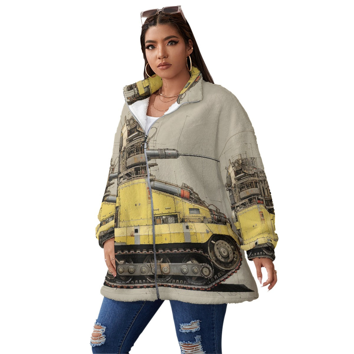 All-Over Print Unisex Borg Fleece Stand-up Collar Coat With Zipper Closure(Plus Size)