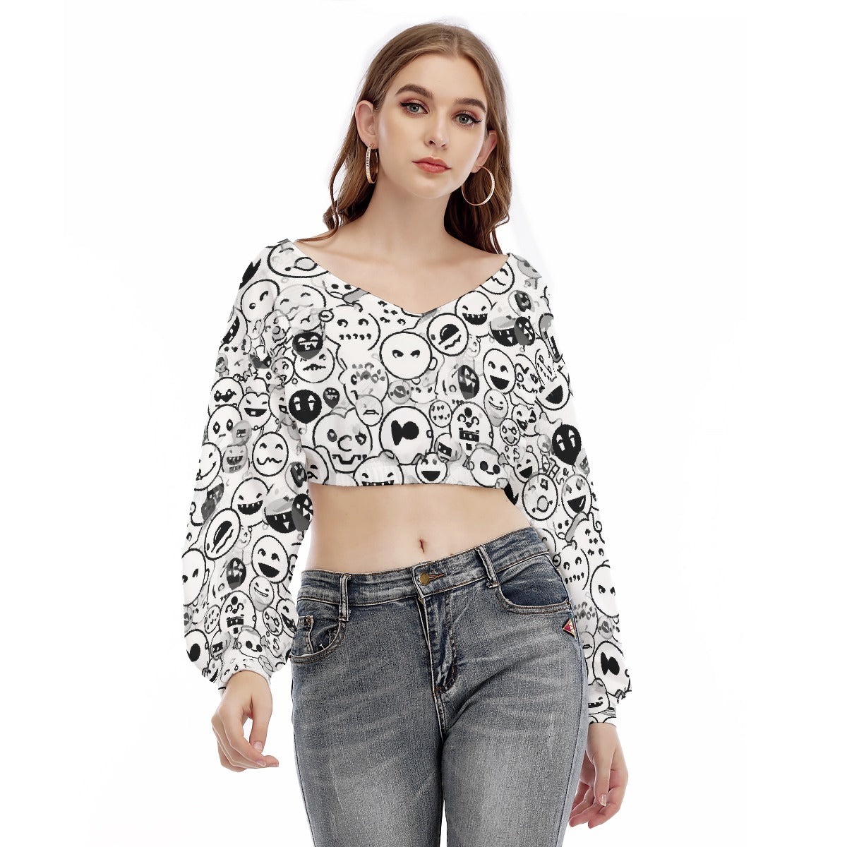 All-Over Print Women's V-neck Long Sleeve Cropped Sweatshirt