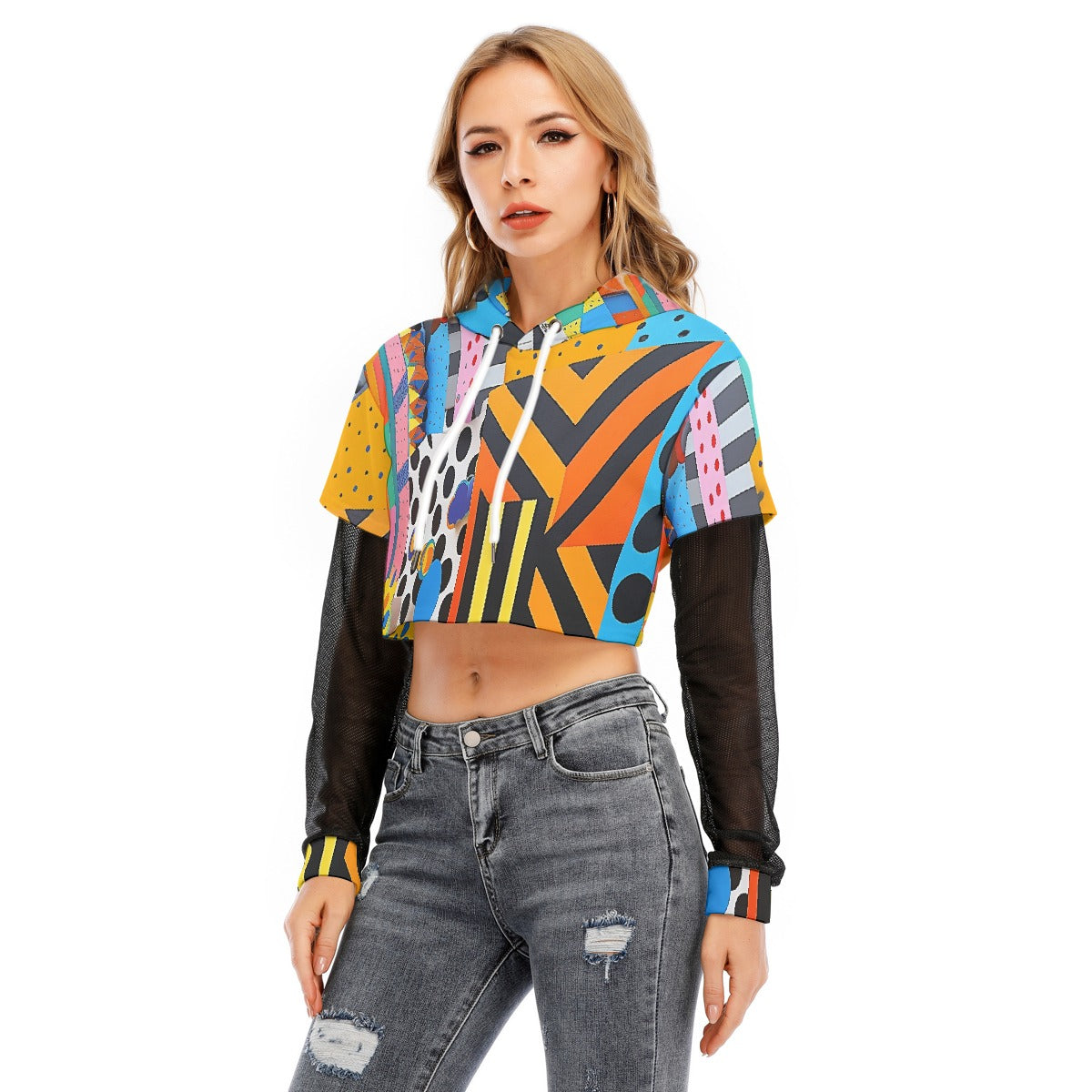 All-Over Print Women's Fake Two-piece Mesh Sleeve Cropped Hoodie