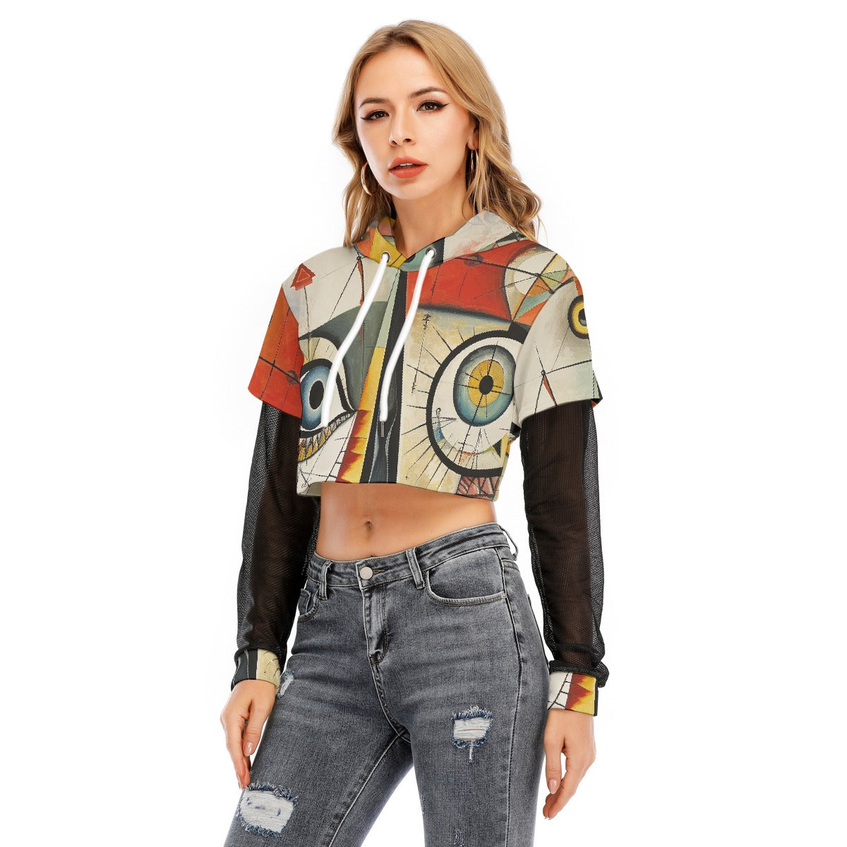 All-Over Print Women's Fake Two-piece Mesh Sleeve Cropped Hoodie