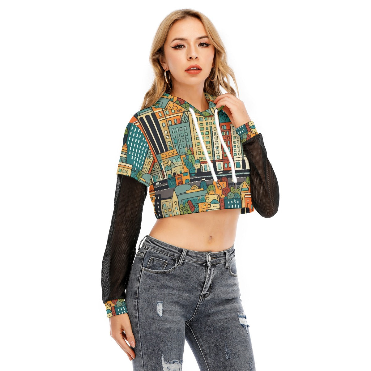 All-Over Print Women's Fake Two-piece Mesh Sleeve Cropped Hoodie