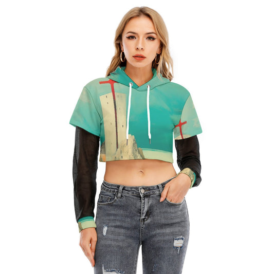 All-Over Print Women's Fake Two-piece Mesh Sleeve Cropped Hoodie