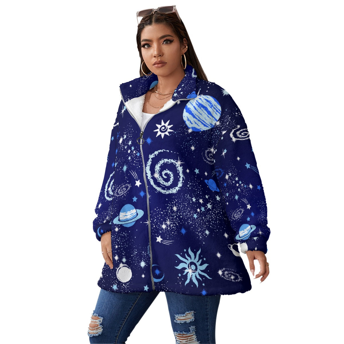 All-Over Print Unisex Borg Fleece Stand-up Collar Coat With Zipper Closure(Plus Size)