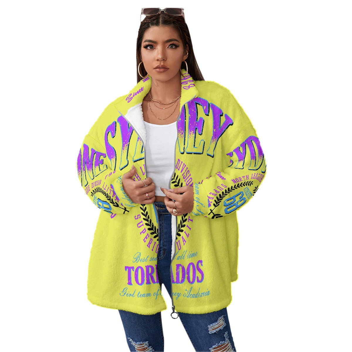 All-Over Print Unisex Borg Fleece Stand-up Collar Coat With Zipper Closure(Plus Size)