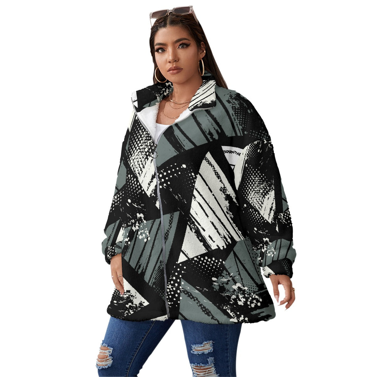 All-Over Print Unisex Borg Fleece Stand-up Collar Coat With Zipper Closure(Plus Size)