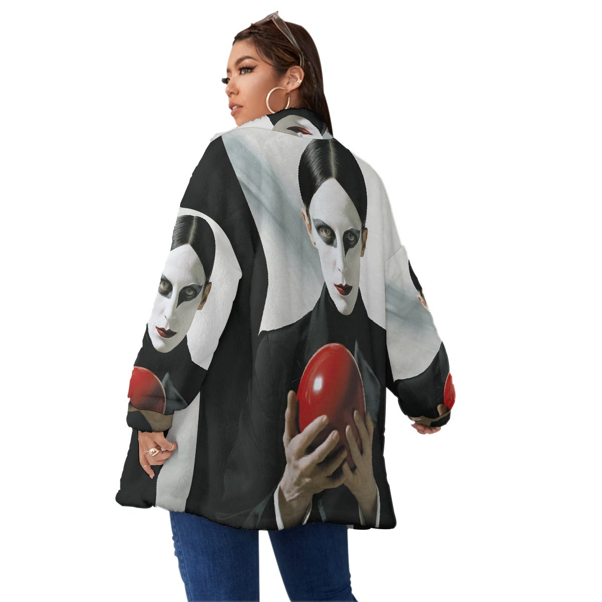 All-Over Print Unisex Borg Fleece Stand-up Collar Coat With Zipper Closure(Plus Size)