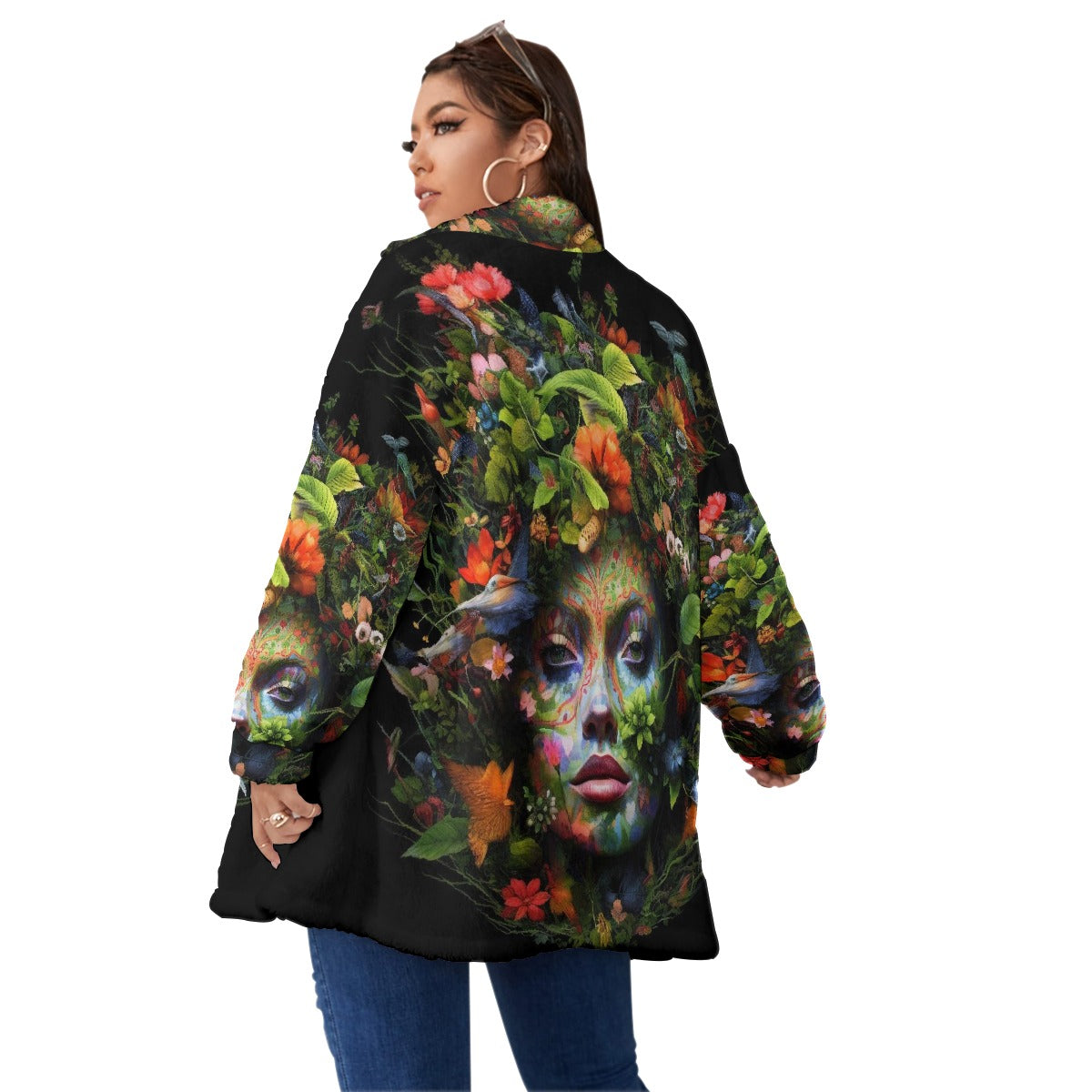 All-Over Print Unisex Borg Fleece Stand-up Collar Coat With Zipper Closure(Plus Size)