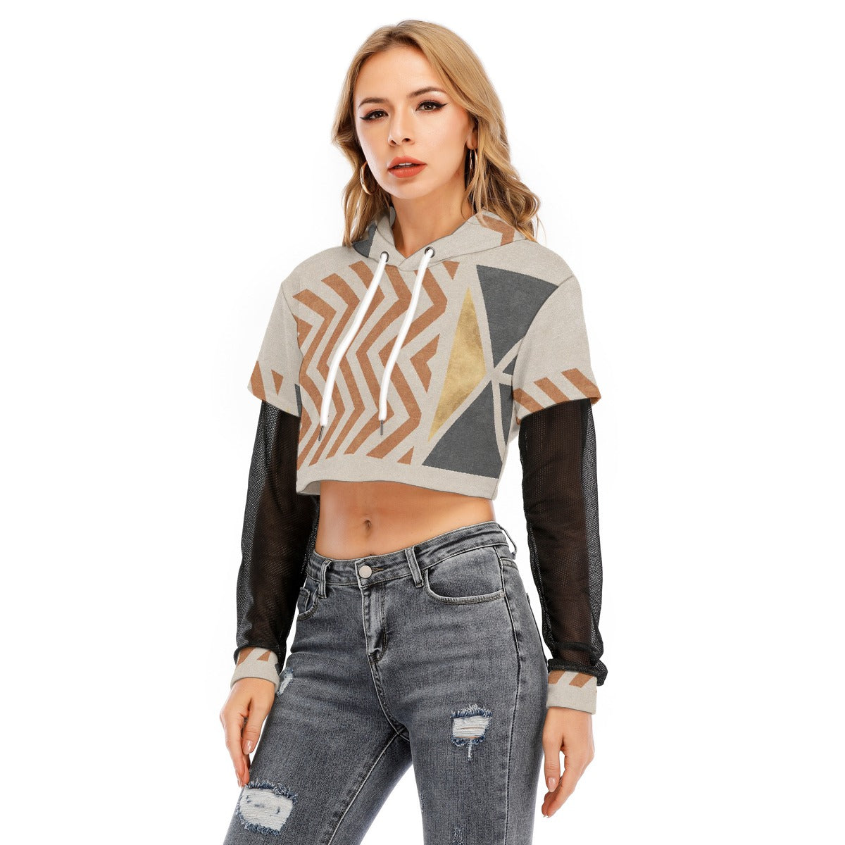 All-Over Print Women's Fake Two-piece Mesh Sleeve Cropped Hoodie