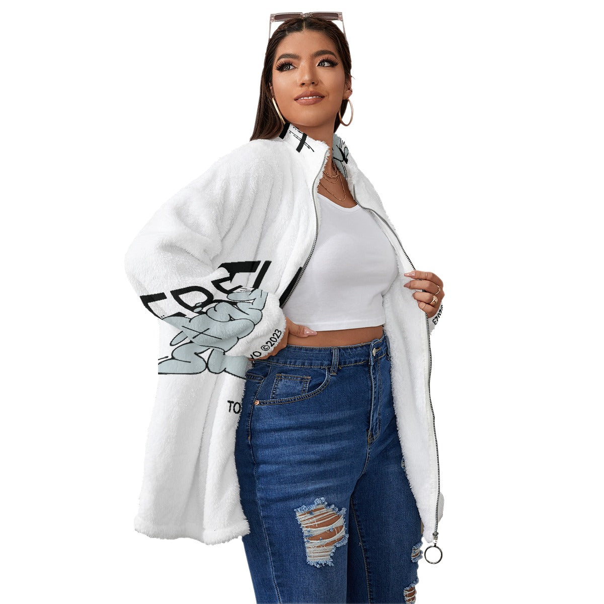 All-Over Print Unisex Borg Fleece Stand-up Collar Coat With Zipper Closure(Plus Size)