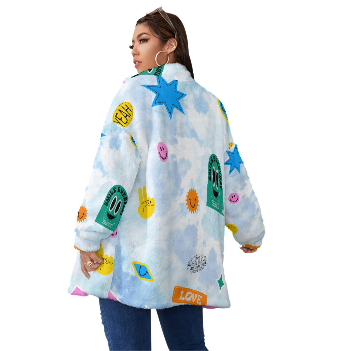 All-Over Print Unisex Borg Fleece Stand-up Collar Coat With Zipper Closure(Plus Size)