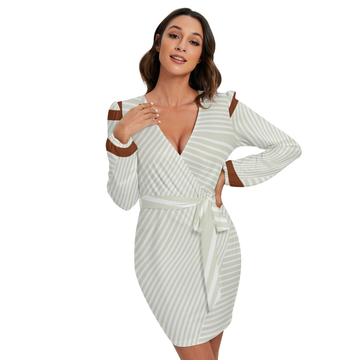 All-Over Print Women's Long Sleeve Dress With Waist Belt