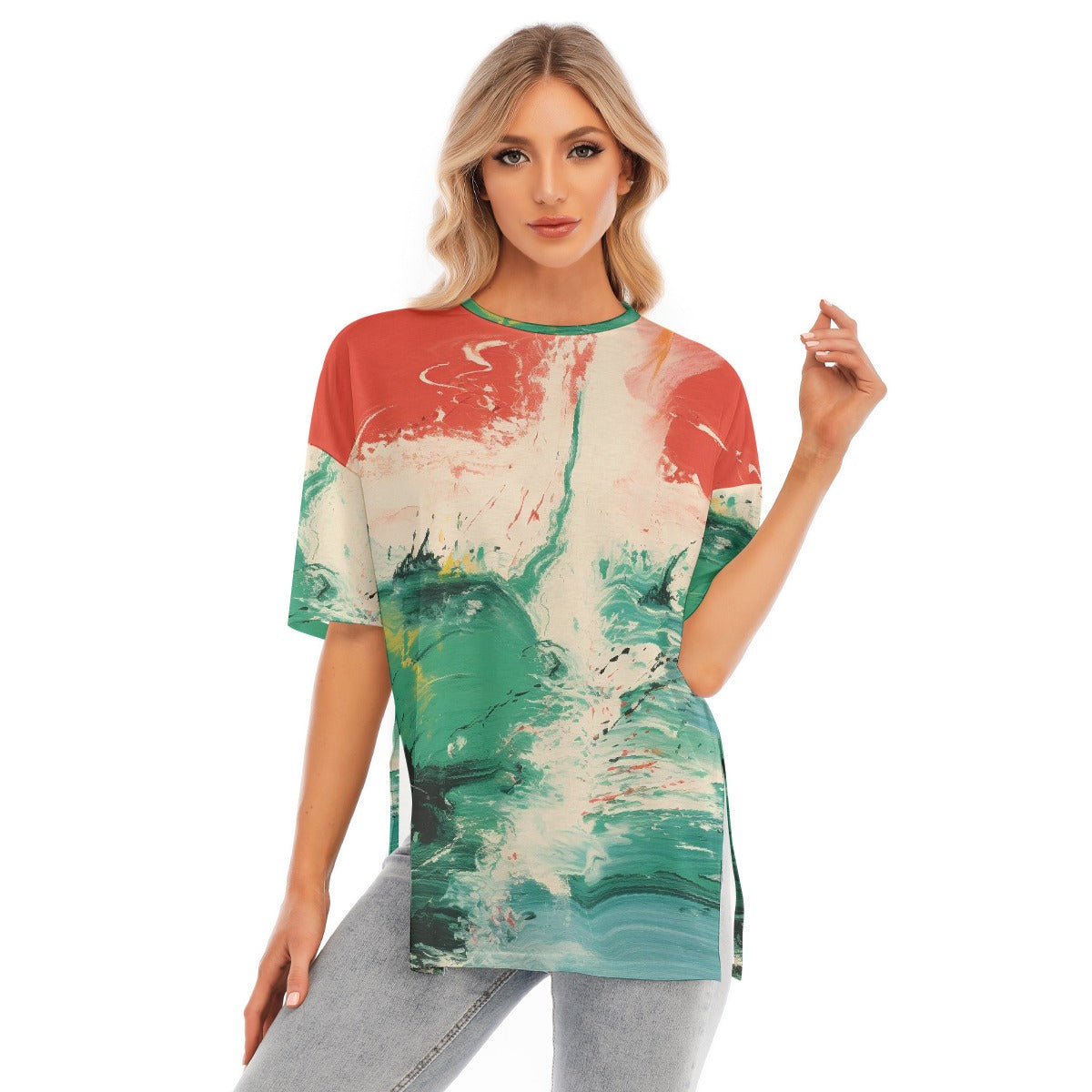 All-Over Print Women's Short Sleeves T-shirt With Hem Split