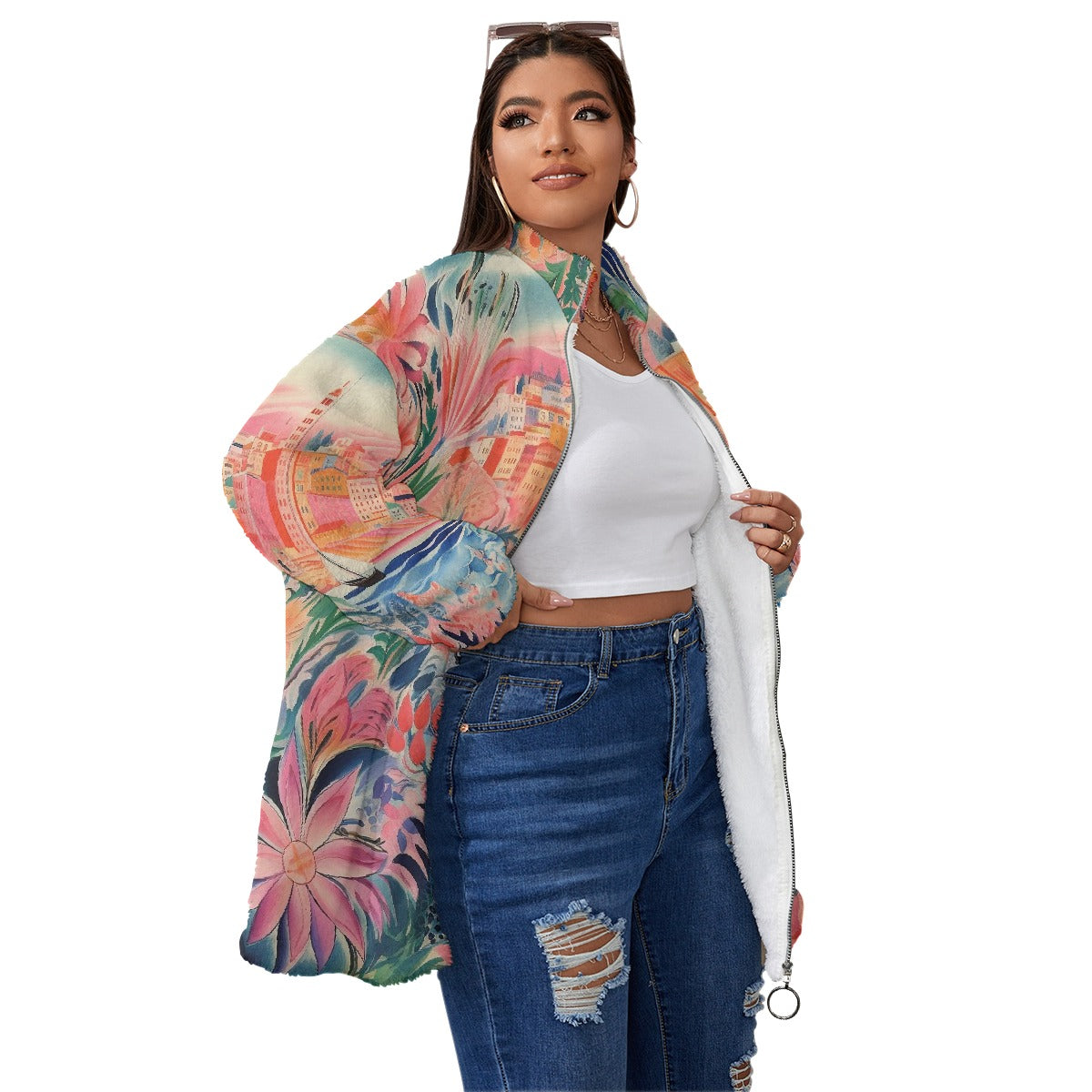 All-Over Print Unisex Borg Fleece Stand-up Collar Coat With Zipper Closure(Plus Size)