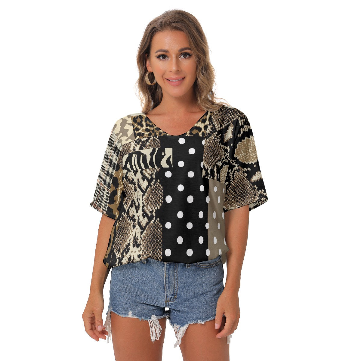 All-Over Print Women's Bat Sleeves V-Neck Blouse