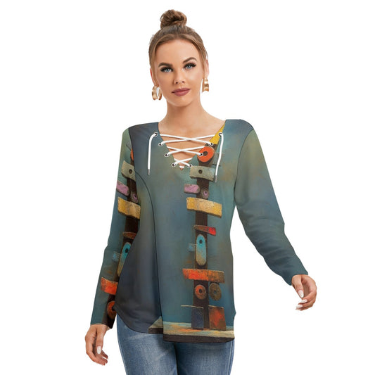 All-Over Print Women's Long Sleeve Neckline Tie Sweatshirt