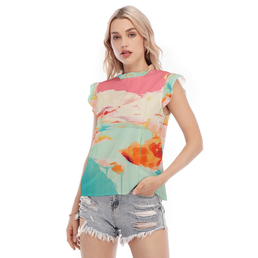 All-Over Print Women's Blouse With Ruffle Collar And Sleeve