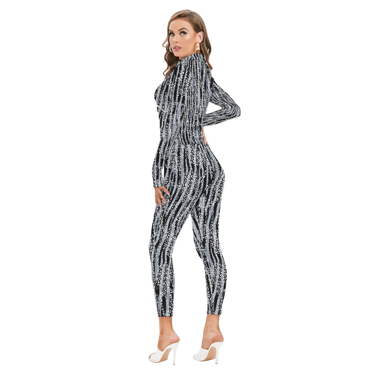 All-Over Print Women's Long-sleeved High-neck Jumpsuit With Zipper