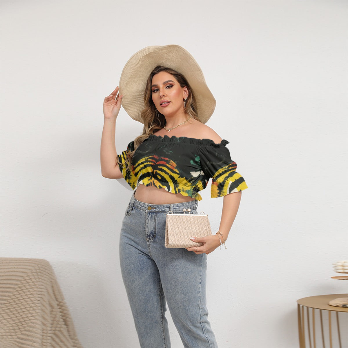 All-Over Print Women's Off-shoulder Cropped Top With Short Puff Sleeve