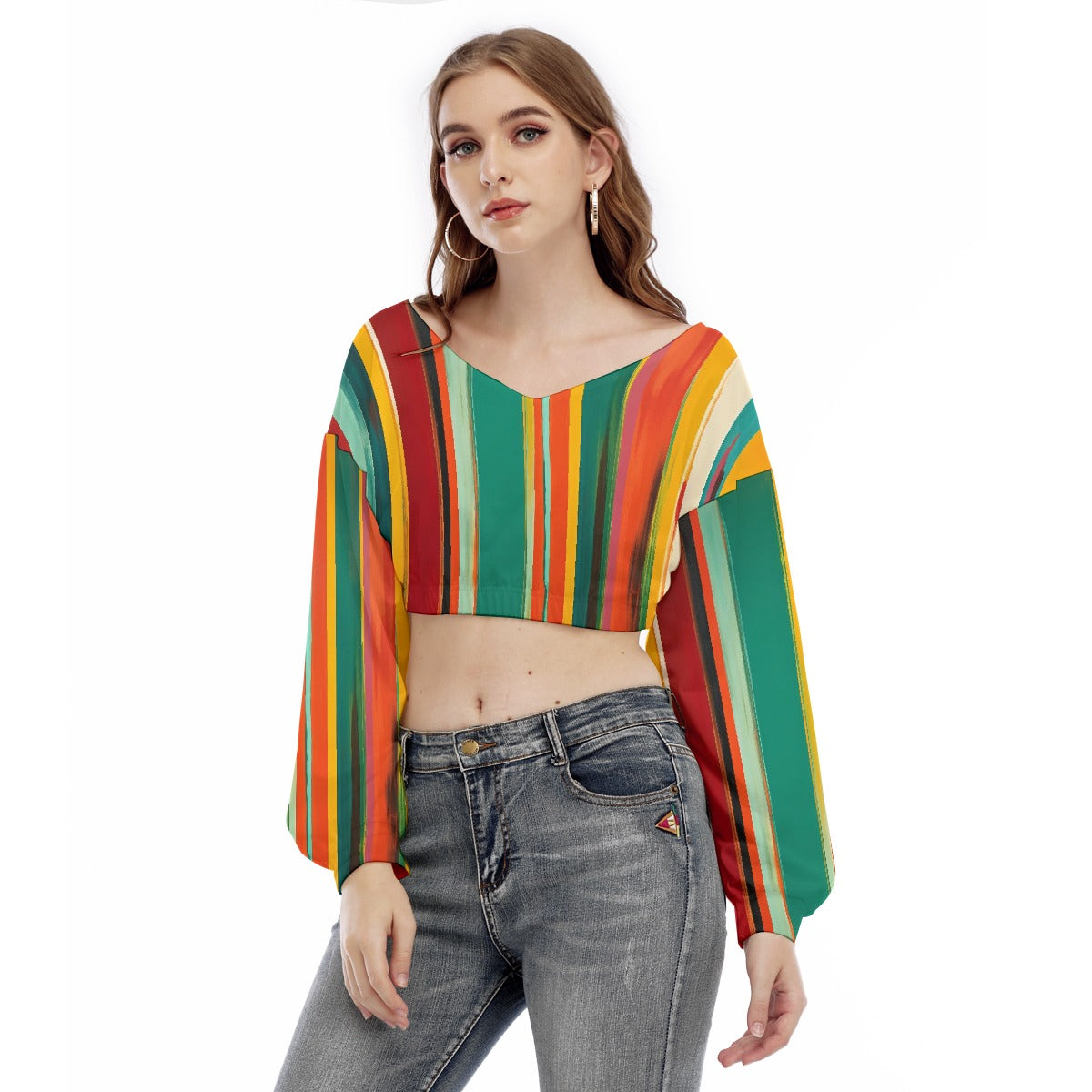 All-Over Print Women's V-neck Long Sleeve Cropped Sweatshirt