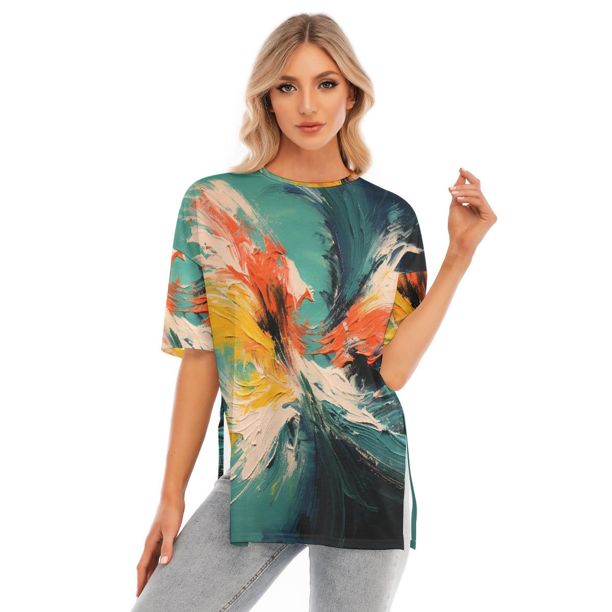 All-Over Print Women's Short Sleeves T-shirt With Hem Split