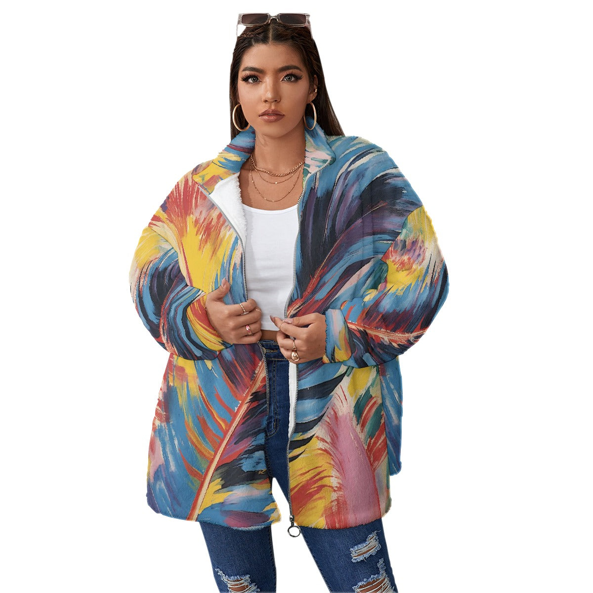 All-Over Print Unisex Borg Fleece Stand-up Collar Coat With Zipper Closure(Plus Size)