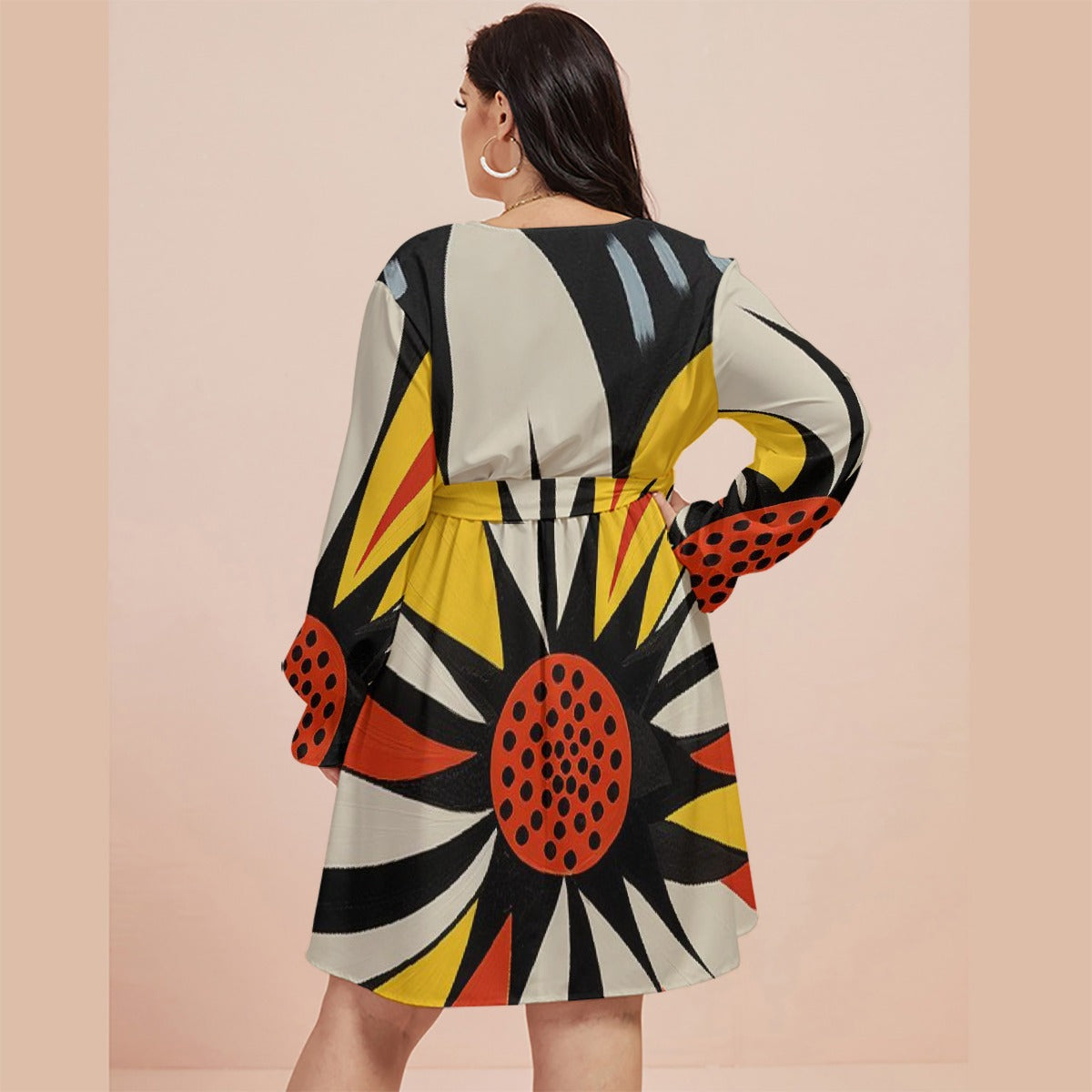 All-Over Print Women's V-neck Dress With Waistband(Plus Size)