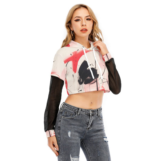 All-Over Print Women's Fake Two-piece Mesh Sleeve Cropped Hoodie