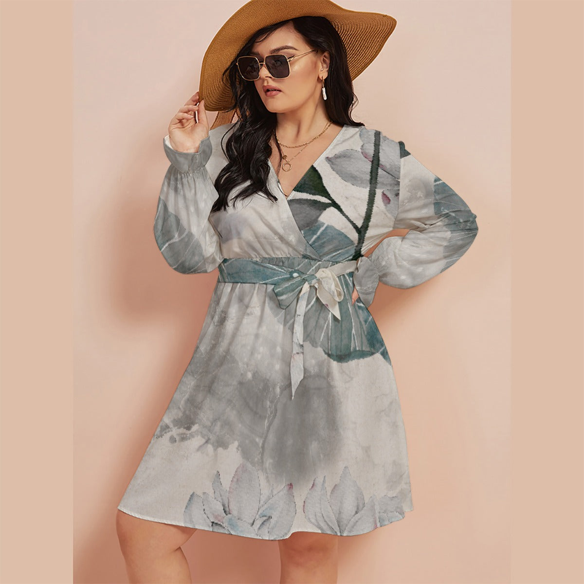 All-Over Print Women's V-neck Dress With Waistband(Plus Size)