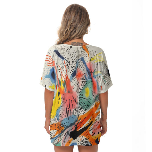 All-Over Print Women's Bat Sleeves V-Neck Blouse