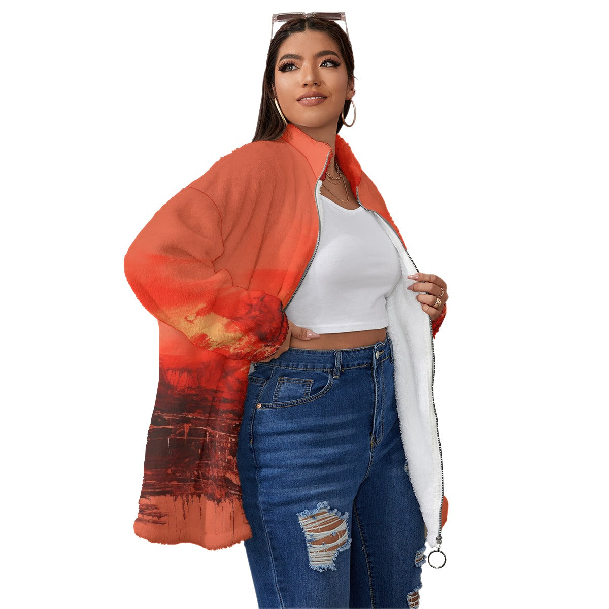 All-Over Print Unisex Borg Fleece Stand-up Collar Coat With Zipper Closure(Plus Size)