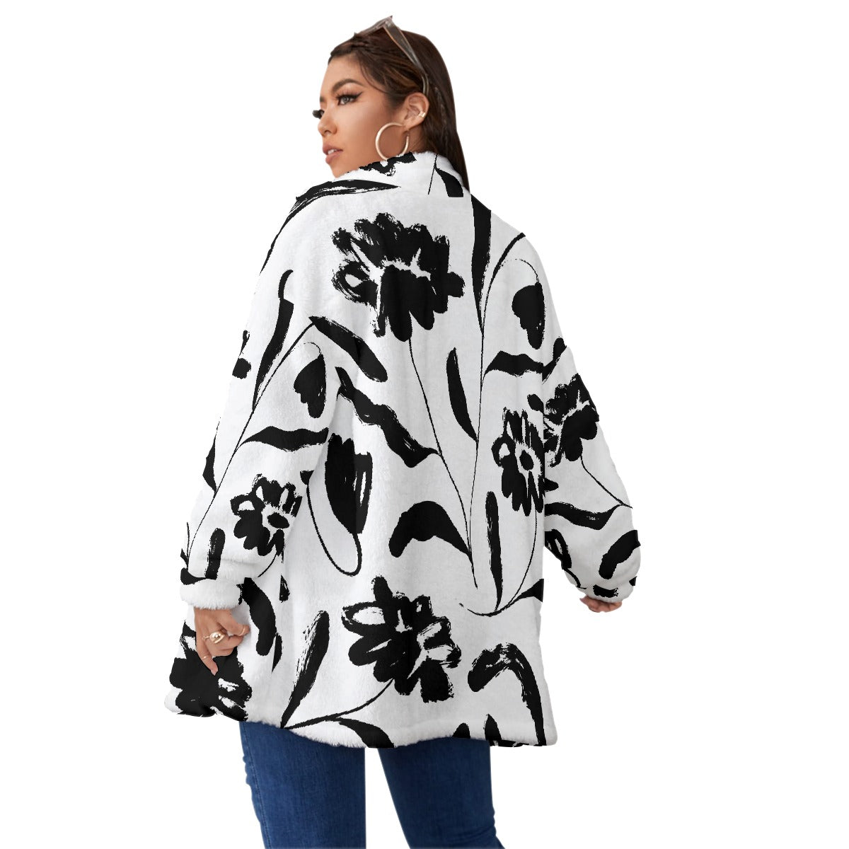 All-Over Print Unisex Borg Fleece Stand-up Collar Coat With Zipper Closure(Plus Size)