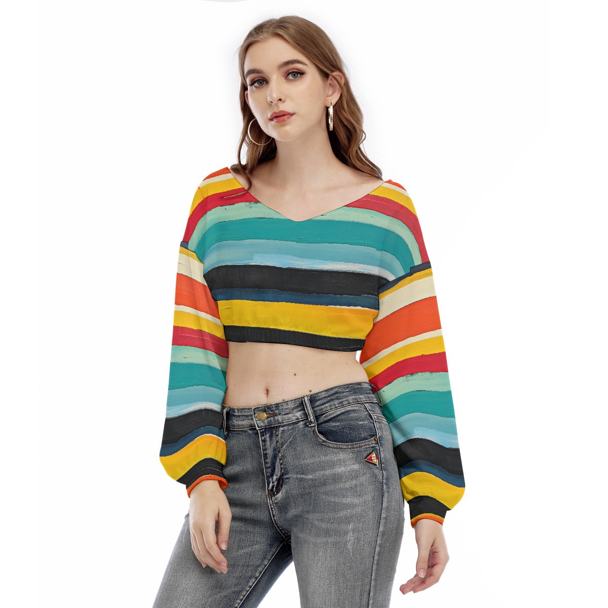 All-Over Print Women's V-neck Long Sleeve Cropped Sweatshirt