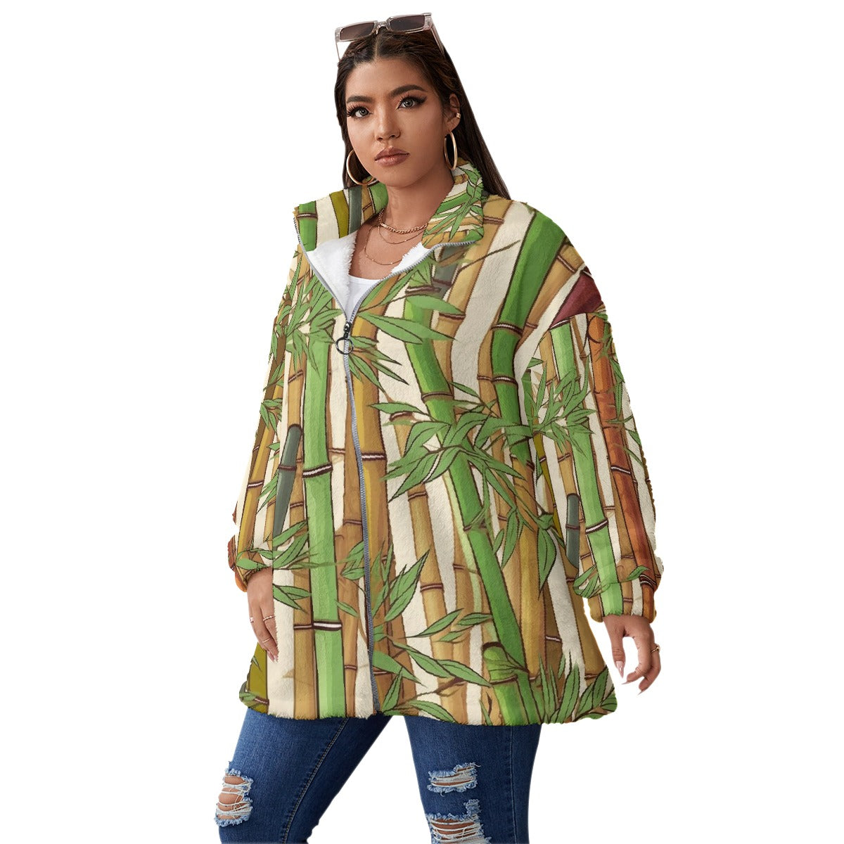 All-Over Print Unisex Borg Fleece Stand-up Collar Coat With Zipper Closure(Plus Size)