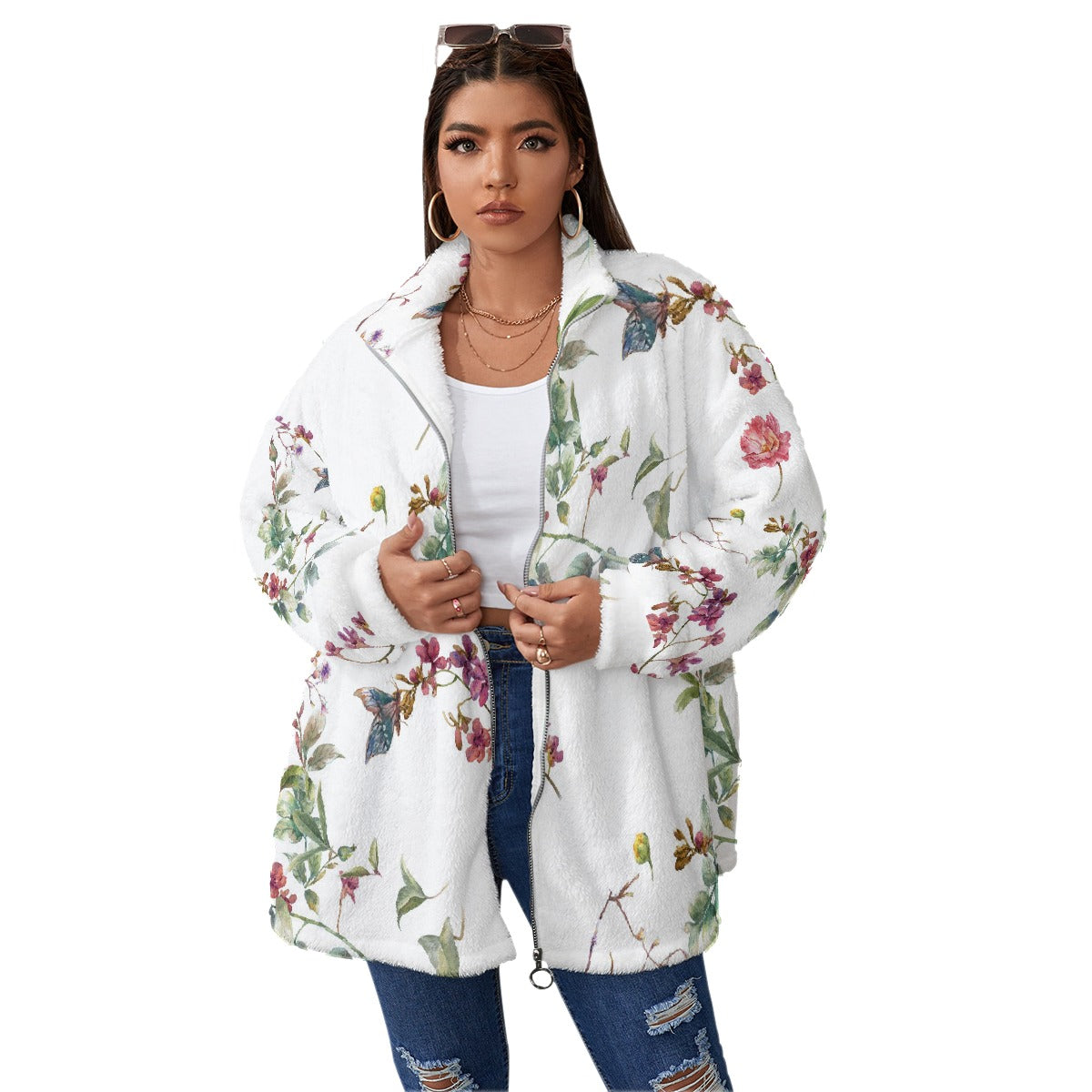 All-Over Print Unisex Borg Fleece Stand-up Collar Coat With Zipper Closure(Plus Size)