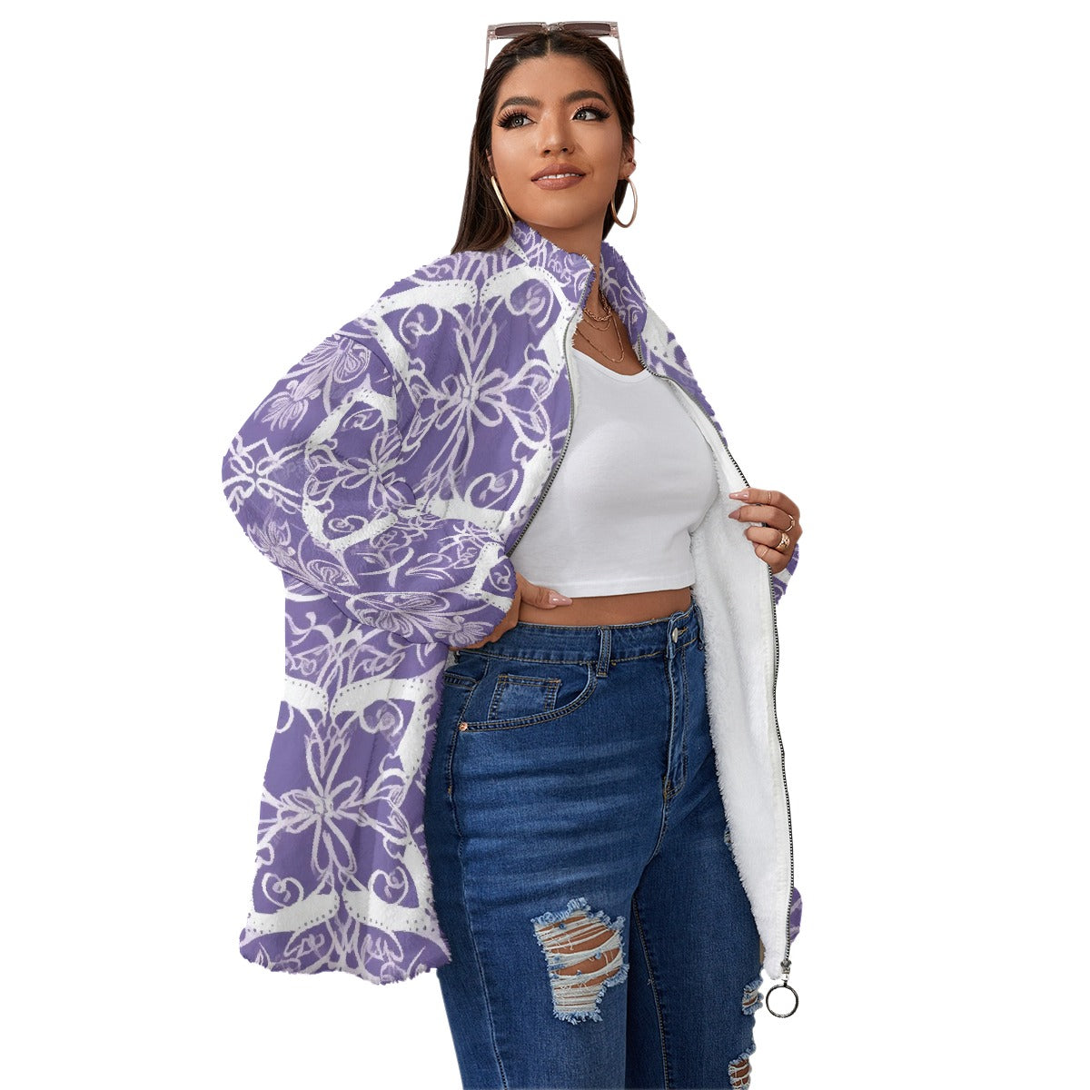 All-Over Print Unisex Borg Fleece Stand-up Collar Coat With Zipper Closure(Plus Size)