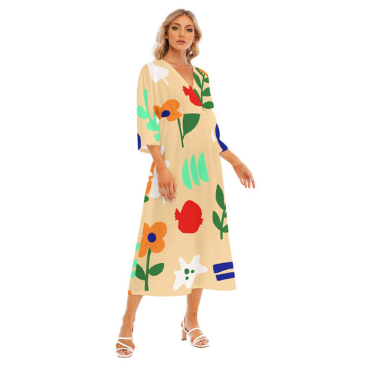 All-Over Print Women's Mid-Sleeve Long Dress
