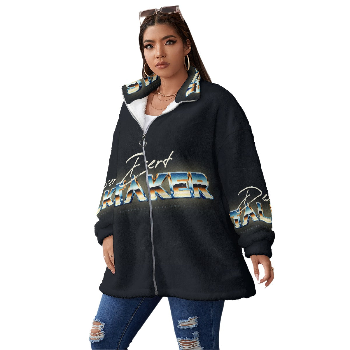 All-Over Print Unisex Borg Fleece Stand-up Collar Coat With Zipper Closure(Plus Size)