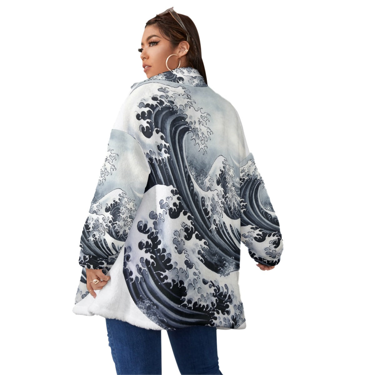 All-Over Print Unisex Borg Fleece Stand-up Collar Coat With Zipper Closure(Plus Size)