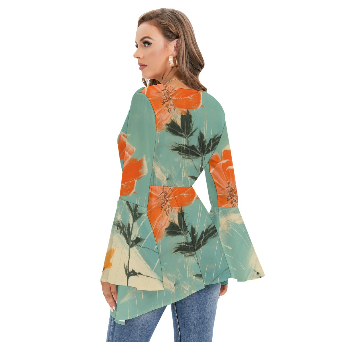 All-Over Print Women's V-neck Blouse With Flared Sleeves