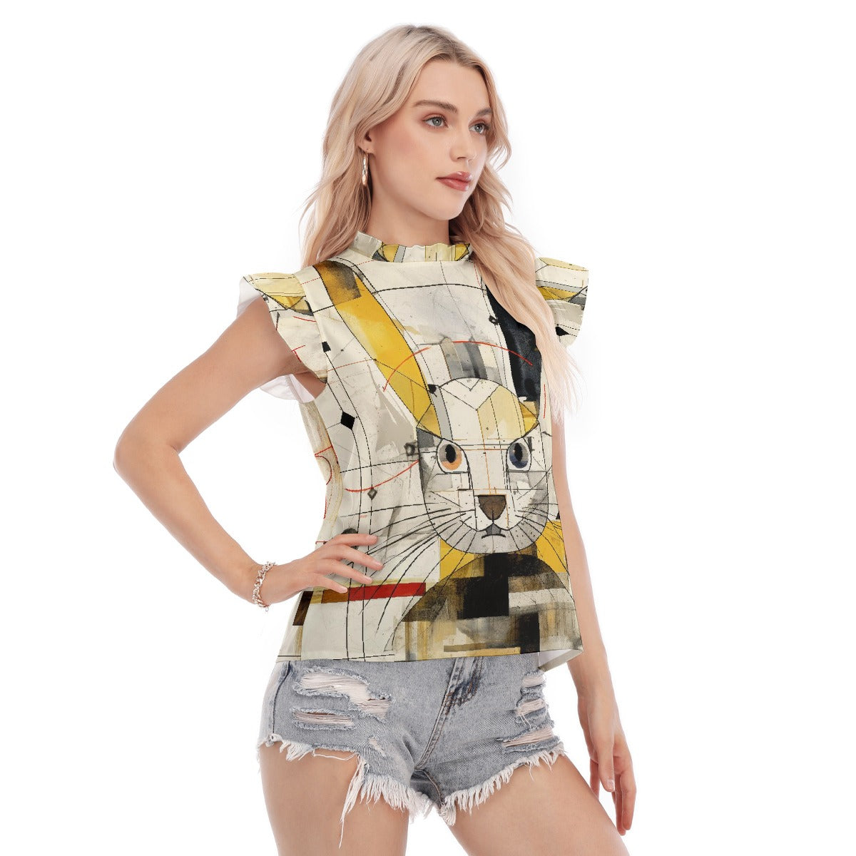 All-Over Print Women's Blouse With Ruffle Collar And Sleeve