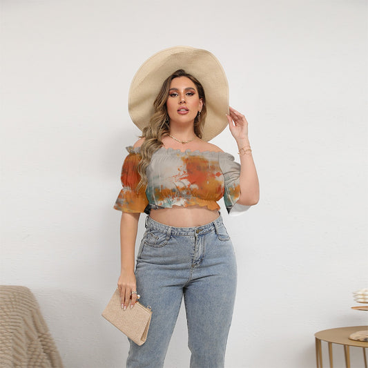 All-Over Print Women's Off-shoulder Cropped Top With Short Puff Sleeve