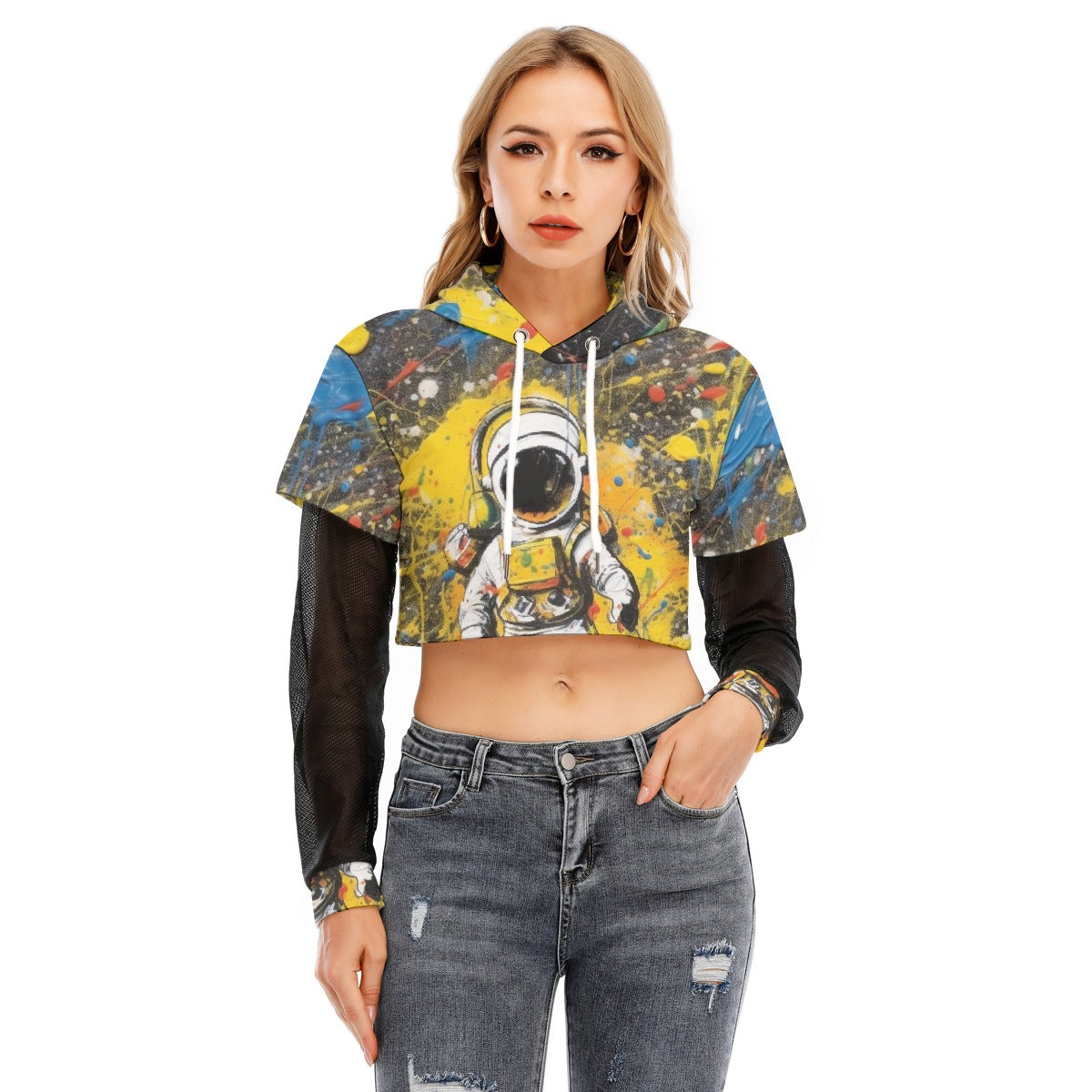 All-Over Print Women's Fake Two-piece Mesh Sleeve Cropped Hoodie